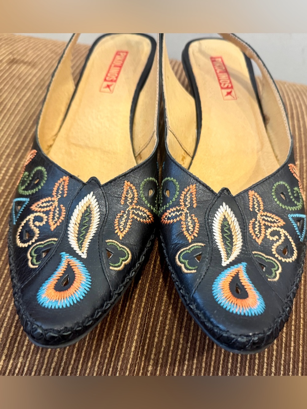 GUC PIKOLINOS Black Leather Embroidered Slingback Mules Sz 40